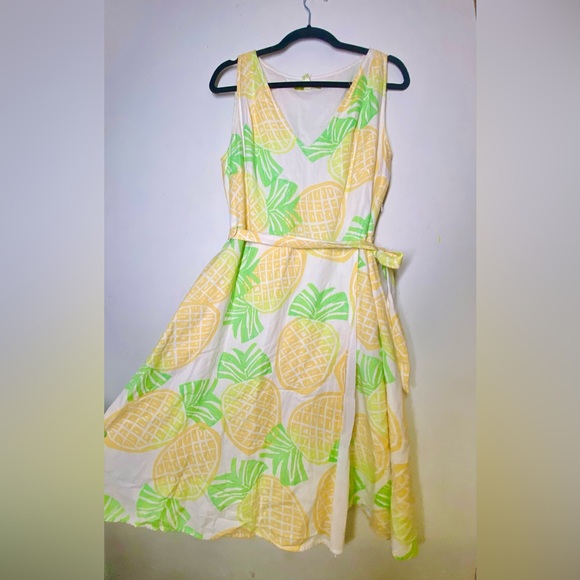 Sigrid Olsen linen/cotton green and yellow pineapple a-line midi dress size/10 - Picture 1 of 8